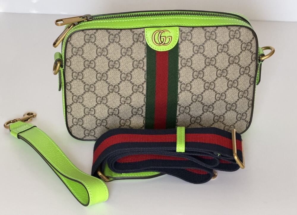 Gucci Ophidia GG Small Crossbody Bag Beige/Ebony /Neon Green 699439 NWT